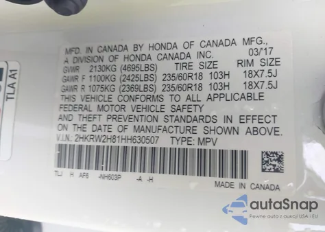 2017 Honda Cr-V Ex-L/Ex-L Navi from USA, damaged, VIN 2HKRW2H81HH630507